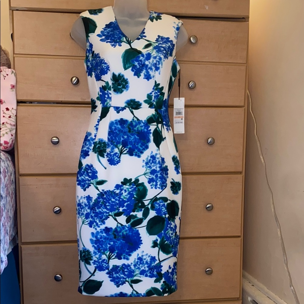 Calvin Klein Floral Blue Midi Dress V-Neck Sleeveless